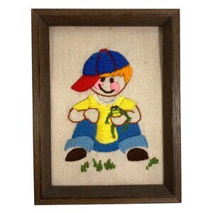 1970s Jiffy Stitchery Butch Crewel Embroidery Kit Little Boy w/ Frog Framed